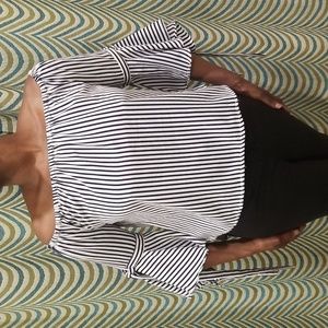 New Striped Top Bell Sleeve Blue Navy Ruffle Tie Western White